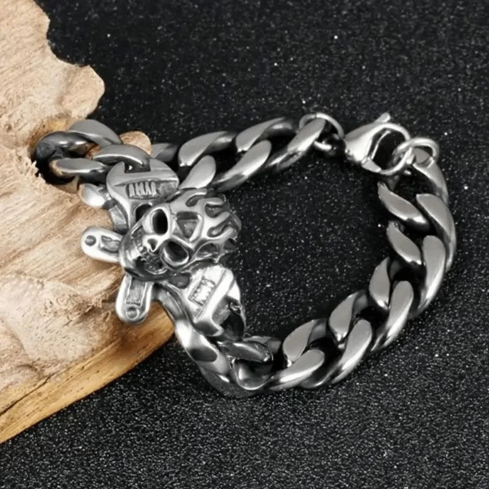 Minimalist Retro Gothic Stainless Steel Flamming Skull Bracelet